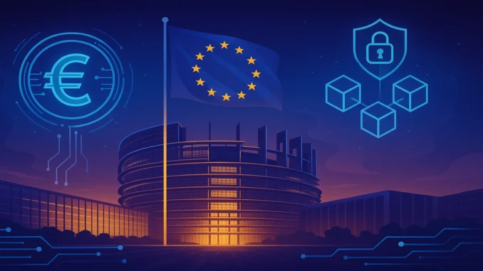 EU_Parliament_Passes_MiCA_Crypto_Law Futuristic digital illustration of the European Parliament with crypto and blockchain symbols representing EU-wide regulation