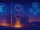 Futuristic digital illustration of the European Parliament with crypto and blockchain symbols representing EU-wide regulation