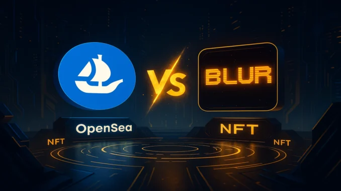 igital artwork showing OpenSea and Blur logos facing off in a futuristic NFT trading arena