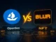 igital artwork showing OpenSea and Blur logos facing off in a futuristic NFT trading arena