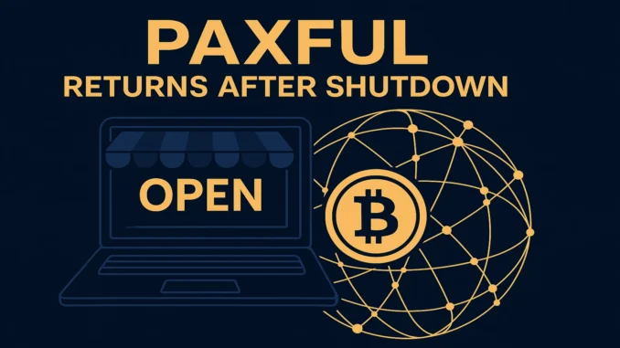Paxful marketplace reopening illustration with Bitcoin symbol and global P2P network