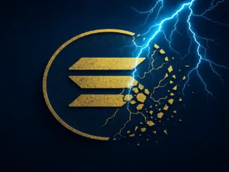 Illustration of Solana’s logo crumbling amid a digital storm, symbolizing market panic and token unlock fears