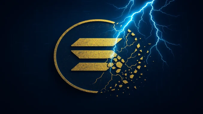 Solana_FTX_Collapse Illustration of Solana’s logo crumbling amid a digital storm, symbolizing market panic and token unlock fears