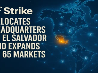 Digital illustration of El Salvador glowing with Bitcoin nodes connecting globally, symbolizing Strike’s expansion and relocation