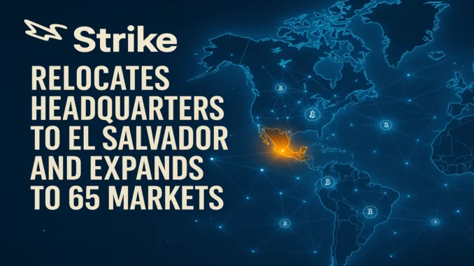 Digital illustration of El Salvador glowing with Bitcoin nodes connecting globally, symbolizing Strike’s expansion and relocation