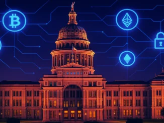 Futuristic illustration of the Texas State Capitol with digital assets and blockchain symbols representing crypto regulation and transparency