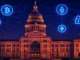 Futuristic illustration of the Texas State Capitol with digital assets and blockchain symbols representing crypto regulation and transparency
