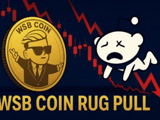 Digital illustration showing a crashed WSB Coin token and a Reddit mascot symbolizing a rug pull incident
