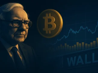 Illustration of Warren Buffett observing Bitcoin and stock markets amid U.S. economic slowdown