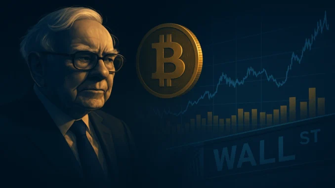 Warren_Buffett_Bitcoin_Strategy Illustration of Warren Buffett observing Bitcoin and stock markets amid U.S. economic slowdown