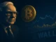 Illustration of Warren Buffett observing Bitcoin and stock markets amid U.S. economic slowdown