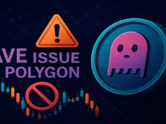 Futuristic digital illustration showing the Aave logo over a frozen Polygon network symbolizing a DeFi contract bug locking user funds