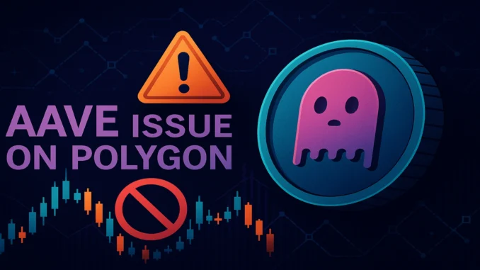 Futuristic digital illustration showing the Aave logo over a frozen Polygon network symbolizing a DeFi contract bug locking user funds