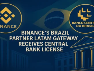 cinematic digital illustration depicting Binance and Brazil’s Central Bank, symbolizing Latam Gateway’s license approval for crypto payments in the country.
