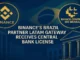 cinematic digital illustration depicting Binance and Brazil’s Central Bank, symbolizing Latam Gateway’s license approval for crypto payments in the country.