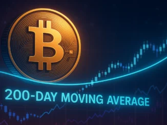 Cinematic digital illustration showing Bitcoin near a glowing 200-day moving average line, symbolizing a make-or-break moment for the crypto market