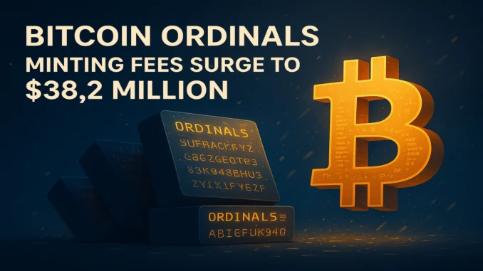 A cinematic digital illustration of Bitcoin blocks inscribed with glowing Ordinals data and text, representing the surge in minting fees and rise of BRC-20 tokens.