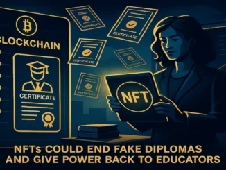 A futuristic digital illustration showing a blockchain ledger verifying academic certificates and empowering teachers through NFTs, symbolizing transparent education.