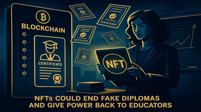 blockchain_nft_diplomas A futuristic digital illustration showing a blockchain ledger verifying academic certificates and empowering teachers through NFTs, symbolizing transparent education.