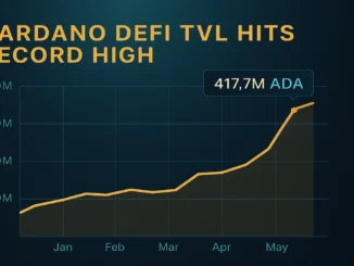 A cinematic digital illustration of the Cardano blockchain with DeFi visuals, charts, and ADA coins symbolizing the record 417 million ADA locked in the ecosystem.