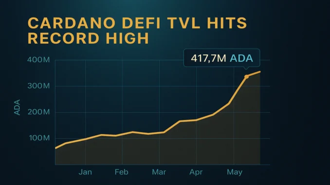 A cinematic digital illustration of the Cardano blockchain with DeFi visuals, charts, and ADA coins symbolizing the record 417 million ADA locked in the ecosystem.