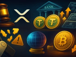 Cinematic digital collage featuring Tether, Ripple, Ledger, and Worldcoin symbols against a futuristic blockchain background representing key crypto events