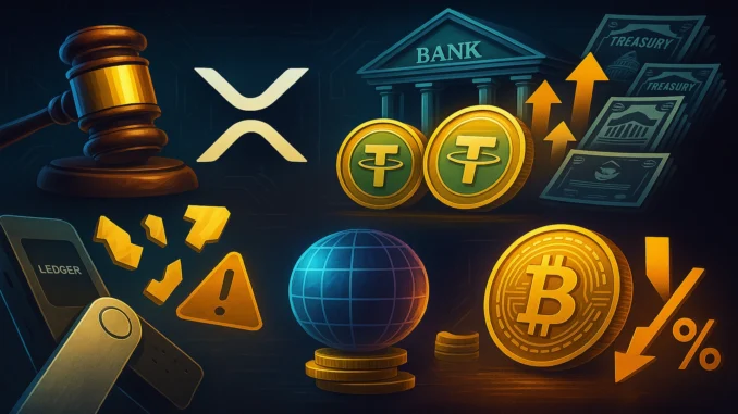 crypto-biz-tether-ripple-ledger-worldcoin-rates-1920x1080 Cinematic digital collage featuring Tether, Ripple, Ledger, and Worldcoin symbols against a futuristic blockchain background representing key crypto events