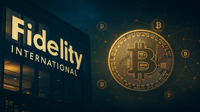 A cinematic digital illustration showing Fidelity International’s headquarters blended with blockchain and Bitcoin imagery, representing its continued but cautious participation in crypto.