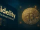 A cinematic digital illustration showing Fidelity International’s headquarters blended with blockchain and Bitcoin imagery, representing its continued but cautious participation in crypto.