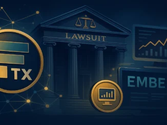 A cinematic digital illustration showing the FTX logo connected to a courtroom and stock-trading platform imagery, symbolizing lawsuits over the Embed acquisition.