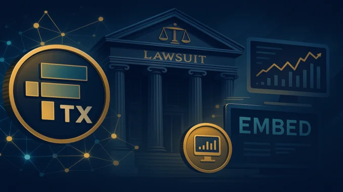 ftx-embed-acquisition-lawsuit-clawback-1920x1080 A cinematic digital illustration showing the FTX logo connected to a courtroom and stock-trading platform imagery, symbolizing lawsuits over the Embed acquisition.