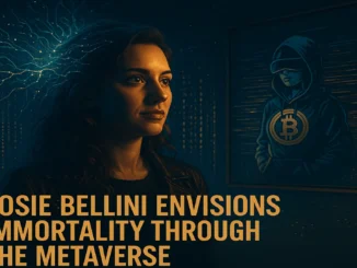 Futuristic portrait of Josie Bellini surrounded by digital art and neural data streams symbolizing mind upload into the Metaverse