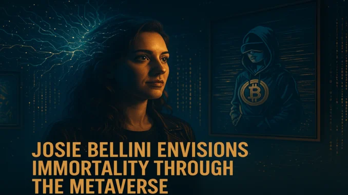 josie-bellini-metaverse Futuristic portrait of Josie Bellini surrounded by digital art and neural data streams symbolizing mind upload into the Metaverse