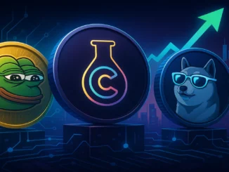 Futuristic digital illustration of Pepe, Copium, and AiDoge tokens symbolizing the changing momentum in the meme coin market