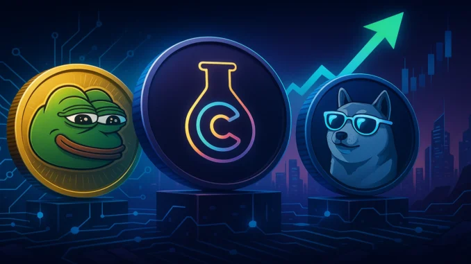 Futuristic digital illustration of Pepe, Copium, and AiDoge tokens symbolizing the changing momentum in the meme coin market