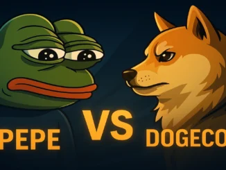 Cartoon frog PEPE and Dogecoin Shiba Inu facing off in a digital crypto arena