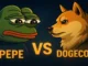Cartoon frog PEPE and Dogecoin Shiba Inu facing off in a digital crypto arena