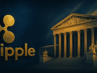 A digital illustration showing Ripple’s logo and the U.S. Supreme Court building under dramatic lighting, symbolizing the XRP vs SEC legal battle.