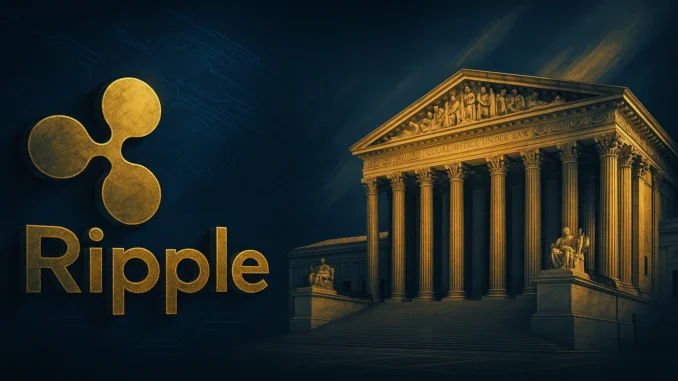 A digital illustration showing Ripple’s logo and the U.S. Supreme Court building under dramatic lighting, symbolizing the XRP vs SEC legal battle.