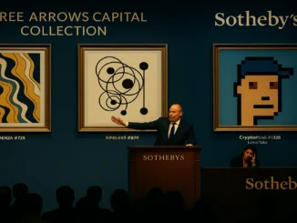 A cinematic digital illustration of Sotheby’s auction room with NFT artworks like Fidenza and Cryptopunks, symbolizing the sale of Three Arrows Capital’s digital art collection.