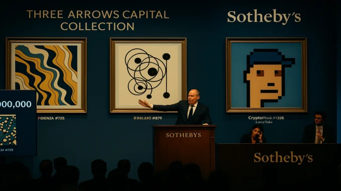 sothebys-3ac-nft-auction-collection-1920x1080 A cinematic digital illustration of Sotheby’s auction room with NFT artworks like Fidenza and Cryptopunks, symbolizing the sale of Three Arrows Capital’s digital art collection.