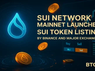 Futuristic illustration showing Sui Network blockchain launch with glowing tokens and exchange trading screens