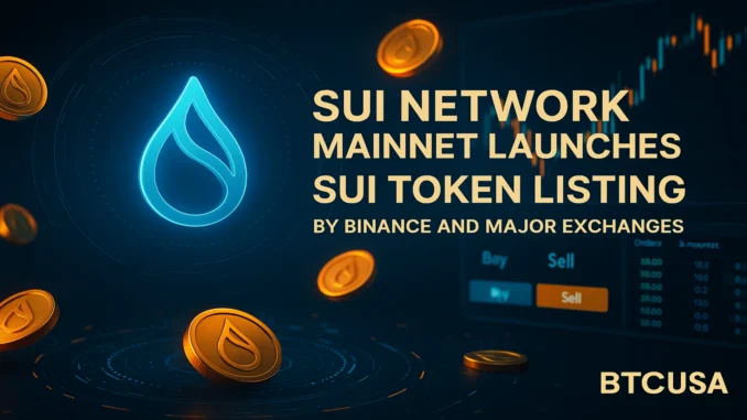 Futuristic illustration showing Sui Network blockchain launch with glowing tokens and exchange trading screens