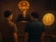 Digital illustration showing a courtroom in Vietnam with symbolic Bitcoin imagery representing a high-profile crypto theft case