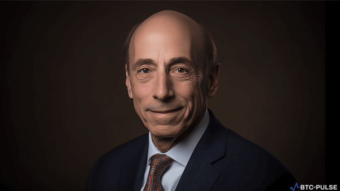 US Senators Seek Gary Gensler’s Report on X Breach, Deadline A digital art illustration showing two senators discussing a document titled "SEC Cybersecurity Report" with a background featuring a large screen displaying the SEC Twitter account and cybersecurity symbols.
