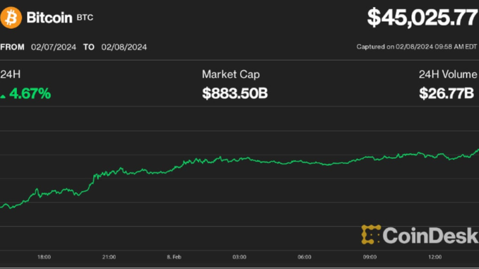 Bitcoin Price (BTC) Rises Above $45K for First Time Since Lyllah Ledesma