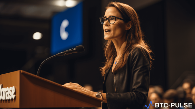 Cathie Wood’s ARK Sells More Coinbase Stock Amid Bitcoin Surge Image depicting Cathie Wood, CEO of ARK Invest, speaking at a conference with Coinbase logo in the background.