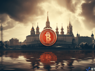 Illustration of a Russian Central Bank building with cryptocurrency symbols in the background, representing the report on financial scams involving crypto in Russia.