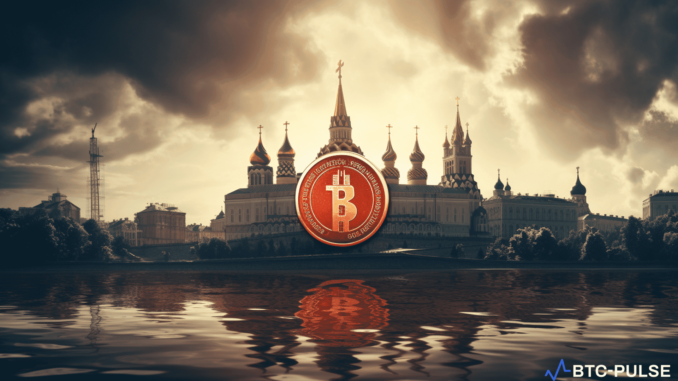Nearly Half of All Financial Scams in Russia Last Year Illustration of a Russian Central Bank building with cryptocurrency symbols in the background, representing the report on financial scams involving crypto in Russia.