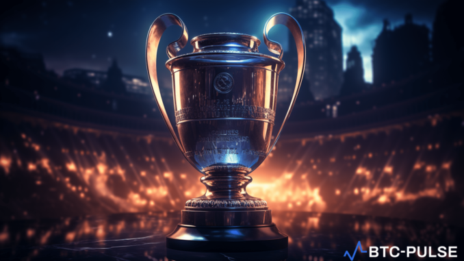 UEFA Searching For Crypto Exchange Sponsors For Champions League The iconic UEFA Champions League trophy is encircled by dynamic representations of various cryptocurrencies, illustrating the groundbreaking partnership between the prestigious football competition and the digital finance world.